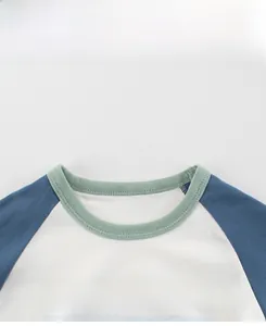 Détail d'un t-shirt raglan pour enfants avec col côtelé et imprimé Jurassic sur coton doux