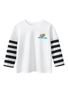 T-shirt Manches Longues Garçon Coton Aspect Superposé Manches Rayées Imprimé Voiture De Sport Dessin Animé Col Rond