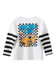 T-shirt manches longues pour enfants en coton avec imprimé voiture et manches rayées
