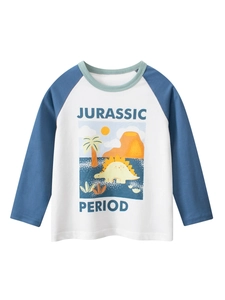 T-Shirt Manches Longues Enfant Coton Raglan Manches Contrastées Dinosaure Jurassique Dessin Animé Col Rond Garçons Décontracté