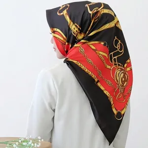 Satin silk square scarf featuring vintage equestrian harness print and horse chain motifs
