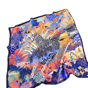 Retro satin silk scarf 90cm featuring zebra and tropical jungle print in vibrant colors