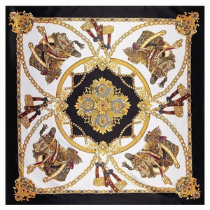 Detailed pattern of the 90cm satin square scarf featuring vintage horse chain prints