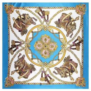 90cm square satin scarf with vintage palace horse head and gold chain print in sky blue