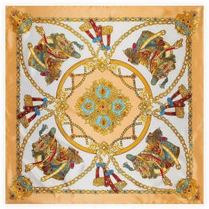 90cm satin square scarf with vintage golden chain and royal blue mandala carriage print