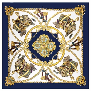 Elegant 90x90cm satin silk square scarf with royal equestrian saddle and chain prints