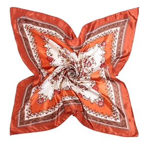 Detailed close-up of 90cm floral satin scarf with intricate vintage royal patterns