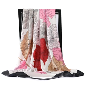 Elegant 90x90cm satin silk square scarf featuring vibrant abstract leaf prints and black borders