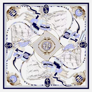 90x90cm nautical silk scarf featuring vintage sailboats and anchor patterns on blue base