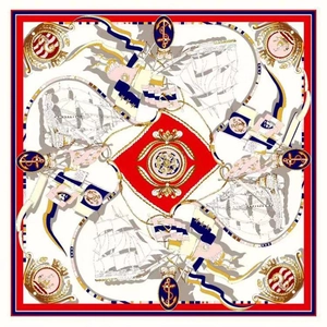 90x90cm nautical square silk scarf with sailboats and anchor pattern in red blue and gold