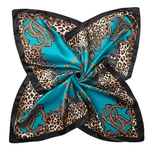 Teal leopard print silk-satin scarf with golden baroque chain patterns and black border