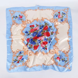 Classic butterfly and floral print satin silk square scarf with golden baroque borders