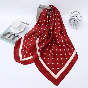 Red polka dot satin silk scarf tied on a handbag, elegant 90x90cm square fashion accessory