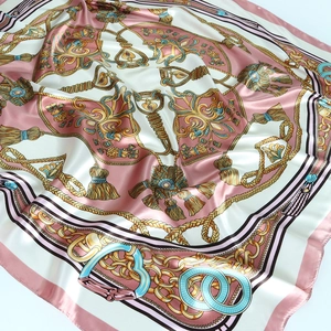 Elegant 90cm satin silk square scarf featuring vintage chain and equestrian prints