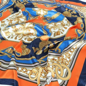 90x90cm satin silk square scarf with vintage gold chain and tassel print design