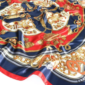 Baroque style 90x90cm satin silk scarf featuring gold chain and tassel prints on red and navy