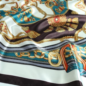 90cm satin square scarf with retro gold chain print and elegant peacock blue border