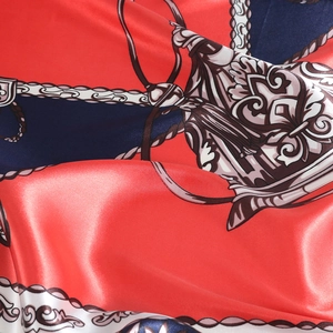 90cm satin square scarf with classic red, white, and blue equestrian chain print