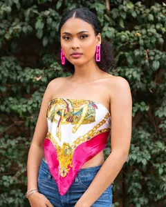 Detail of satin scarf tube top with equestrian print and magenta border design
