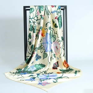 Elegant Floral Butterfly Print Satin Square Scarf Luxury Faux Satin Headwrap Hijab For Women Decorative Neck Kerchief