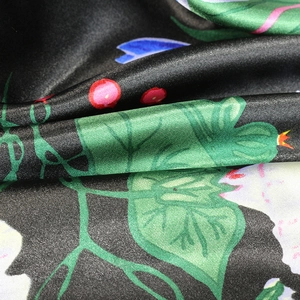 90x90cm floral print satin silk scarf featuring vibrant green leaves and red berries