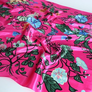 90x90cm floral satin scarf in magenta with detailed butterflies and morning glory print