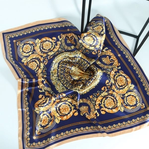 Luxurious 90cm navy blue satin square scarf with golden baroque floral patterns