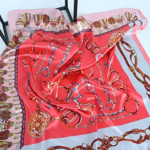 Retro European style chain print satin silk scarf in vibrant red with horsebit patterns