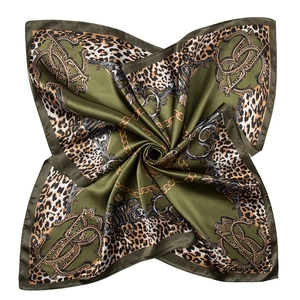 Olive green bohemian square silk scarf with leopard print and golden chain pattern