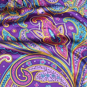 Bohemian paisley purple silk scarf with satin luster and vibrant exotic patterns