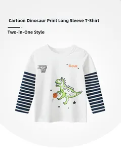Detail of cartoon dinosaur print on a faux two-piece long-sleeve cotton T-shirt