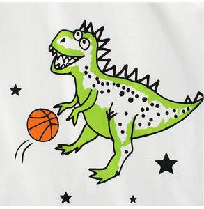 Detail of cartoon green dinosaur playing basketball print on white cotton kids t-shirt