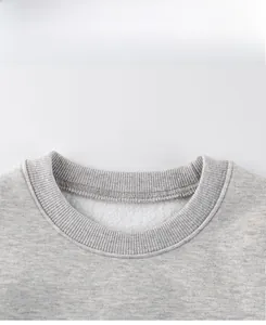 Close-up of crew neck ribbed collar and warm white fleece lining on grey kids sweatshirt
