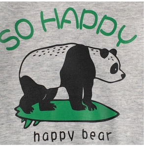 Detail of grey knitted sweater showing a cartoon panda surfing with Happy Bear text