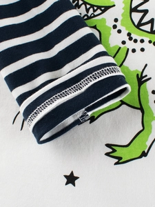 Kids long sleeve t-shirt with striped sleeves and cartoon dinosaur print on cotton fabric