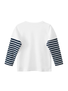 Kids long sleeve T-shirt with white body and navy blue striped sleeves, dinosaur style top