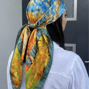 Großes Quadratisches Halstuch Damen Ölgemälde Druck Satin Polyester Kopftuch Schal Mode Nackentuch Elegant Accessoire