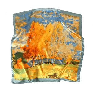 90cm quadratisches Seidentuch mit impressionistischer Ölgemälde-Landschaft und Herbstbäumen