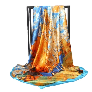 Abstrakter Ölgemälde-Stil 90cm Satin quadratischer Seidenschal mit blauem Rand und Print