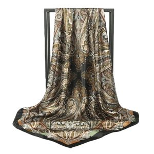 Vintage paisley print square silk scarf with bohemian patterns in dark green and coffee