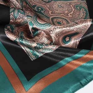 90cm satin square silk scarf featuring classic green and gold paisley prints for women