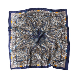 Vintage paisley print satin scarf in navy and gold, featuring a silky square design