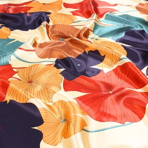90cm satin scarf featuring colorful lotus prints with a silky texture and vibrant patterns