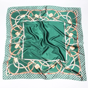 French Vintage Satin Square Scarf For Women Large Belt Chain Print Elegant Fashion Neck Scarf Head Kerchief Hair Wrap Accessory