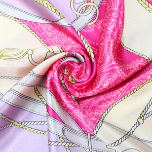 Satin silk scarf with horse chain print in pink and purple, elegant square 90x90cm wrap