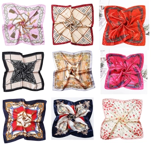 Elegant Women Satin Square Scarf Printed Silk Feel Neckerchief Floral Striped Chain Pattern Hair Scarf For Daily Office Party