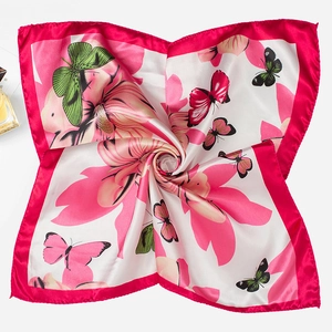50x50cm square silk scarf featuring vibrant pink floral and butterfly prints on satin fabric