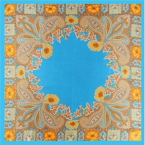 Sky blue paisley silk scarf with vintage floral border and smooth satin texture square