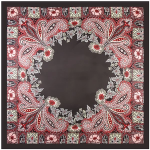 Retro coffee brown paisley silk scarf with vintage floral patterns on satin fabric