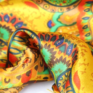 Golden paisley print silk satin square scarf 90cm with bohemian floral pattern luxury shawl